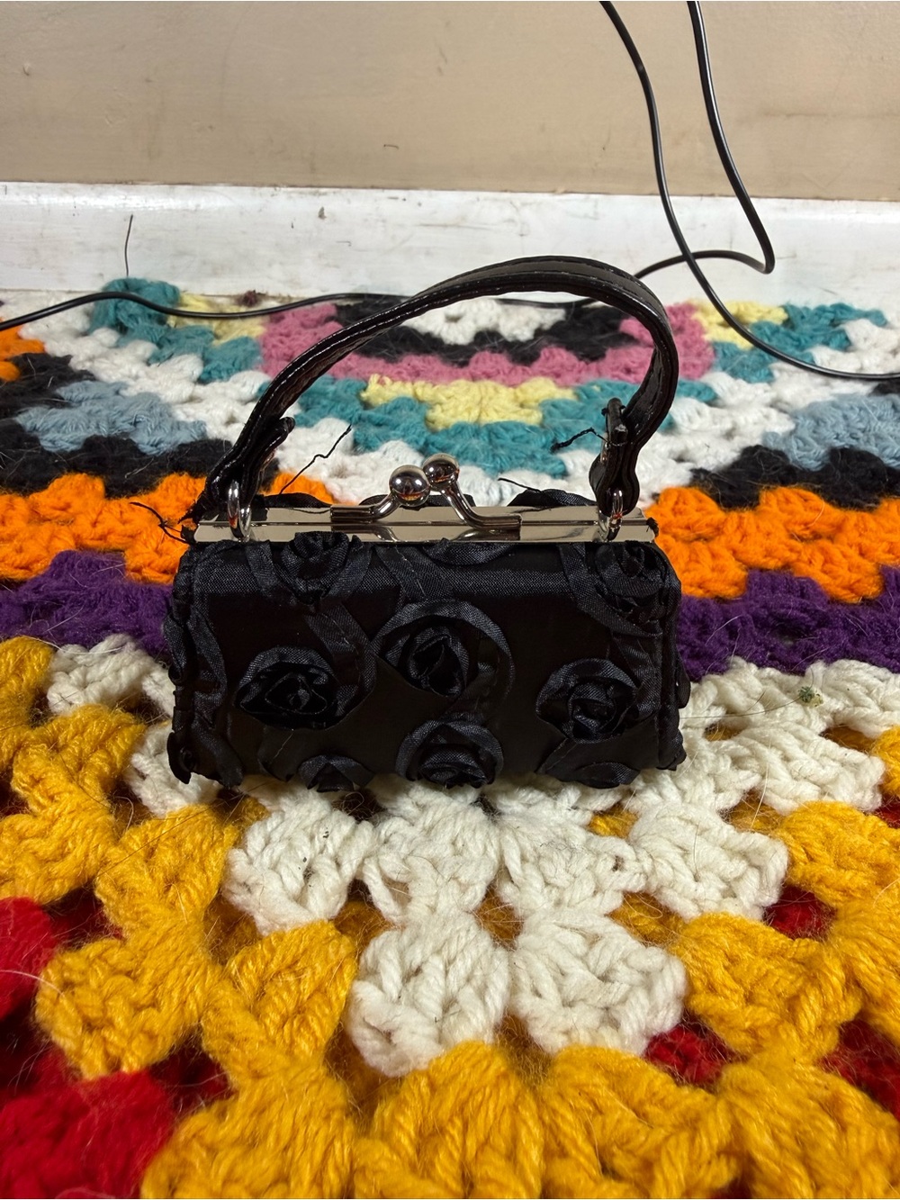 Elegant Black Rose Micro Clutch Handbag - Unbranded